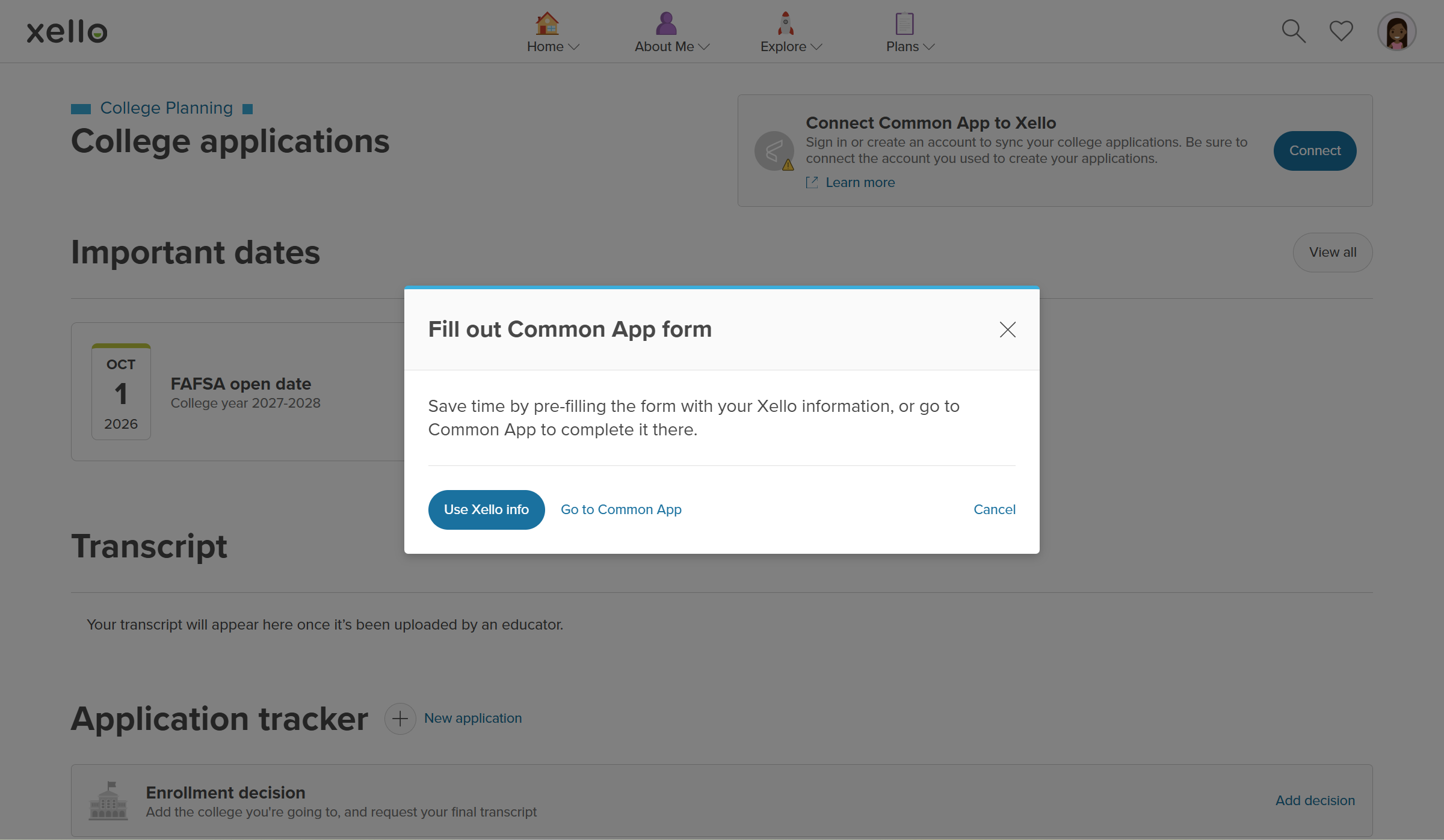 A popup modal called Fill out Common App form encouraging students to pre-fill the Common App form with their Xello information